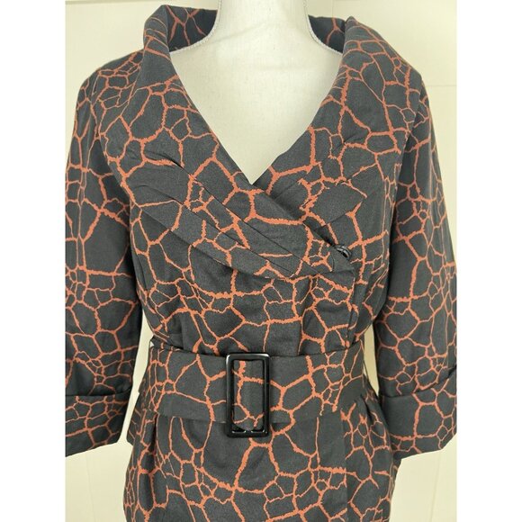 Ali Miles Animal Print Jacket Women's Sz 10 Black Rust Belted Portrait Collar - Picture 3 of 11